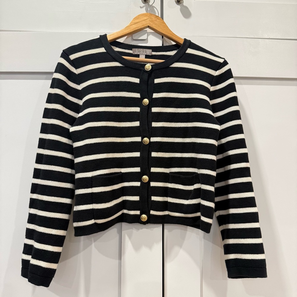 J.Crew Emily Black & Ivory Stripe Cardigan | Gold Buttons | Size Small